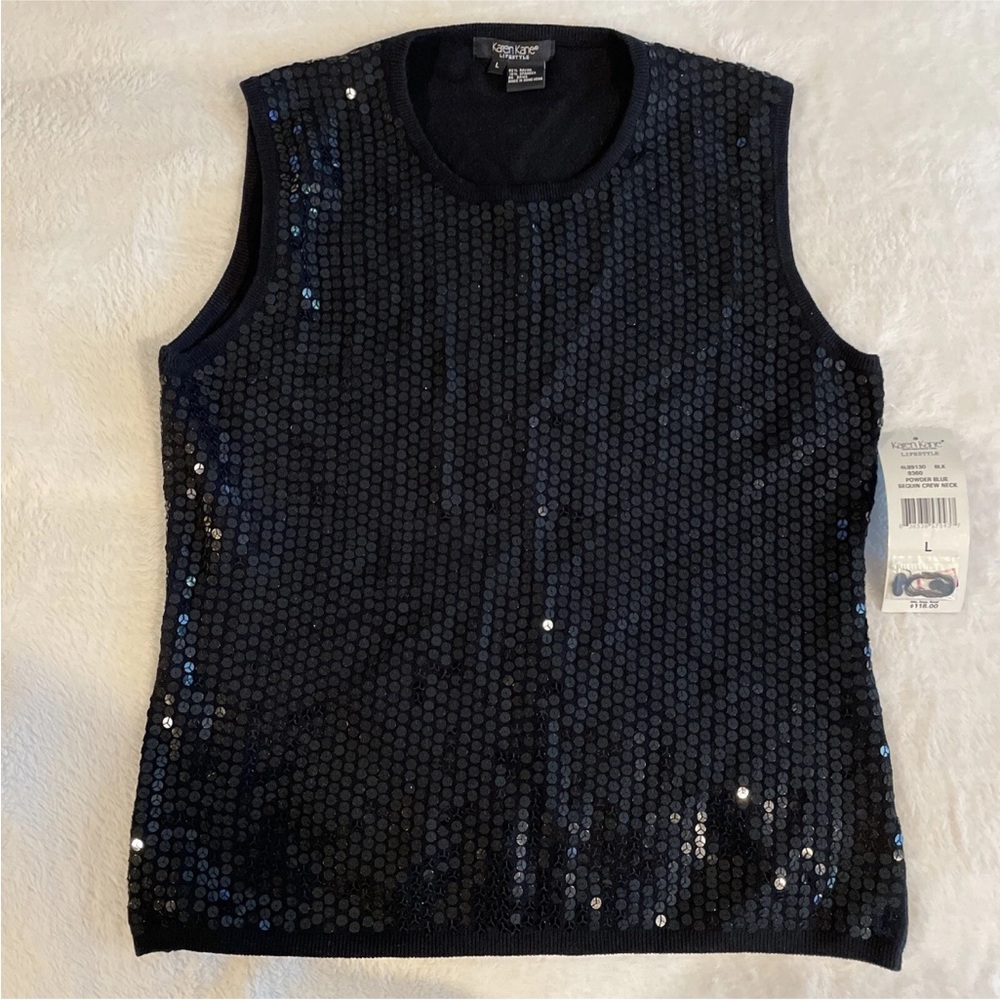Karen Kane lifestyle black sequin crewneck Sleeveless tank sweater Rayon Spandex